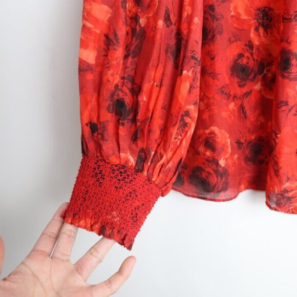 Alice + Olivia Bette Silk Cotton Ruffle Tie Blouse Floral Red Size Medium - Picture 5 of 8